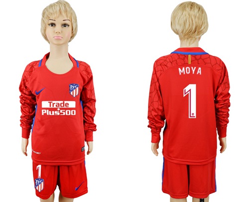 Atletico Madrid #1 Moya Red Goalkeeper Long Sleeves Kid Soccer Club Jersey